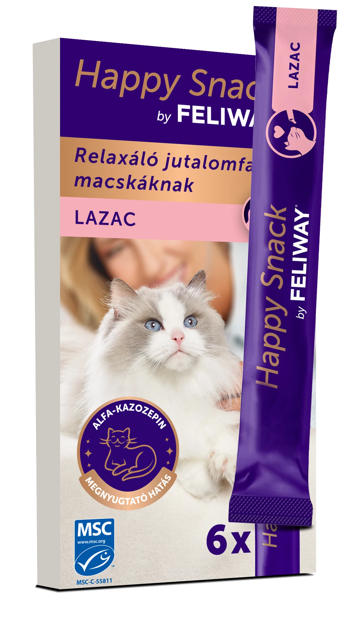 Happy Snack by FELIWAY, krémes, relaxáló jutalomfalat macskáknak, lazac 6 db